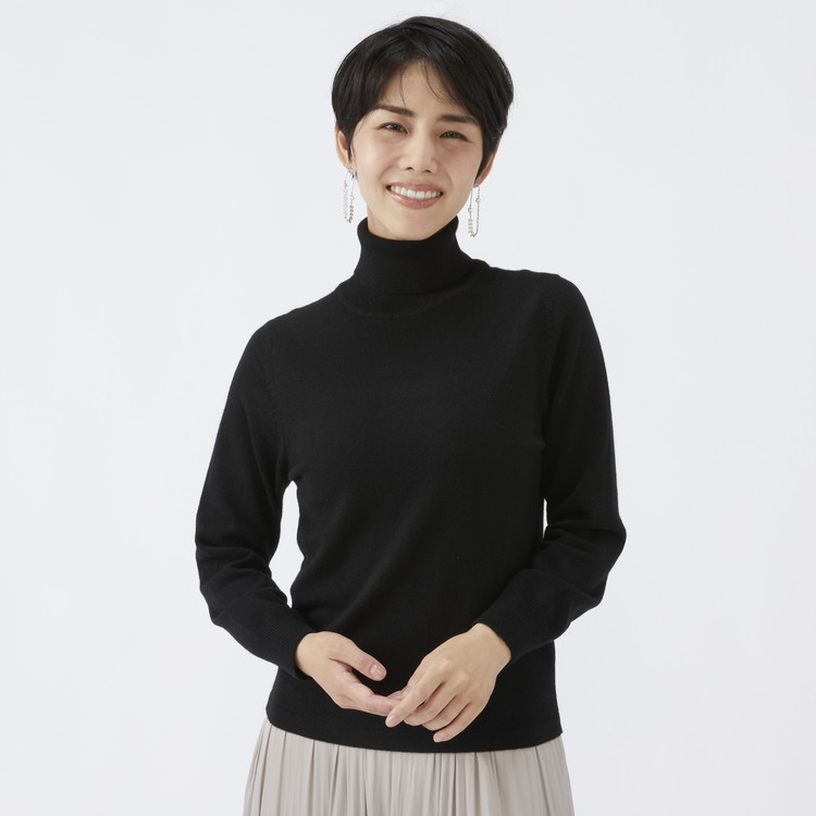 日本製 カシミヤ100% レディース タートルネック ブラック 2Lサイズ