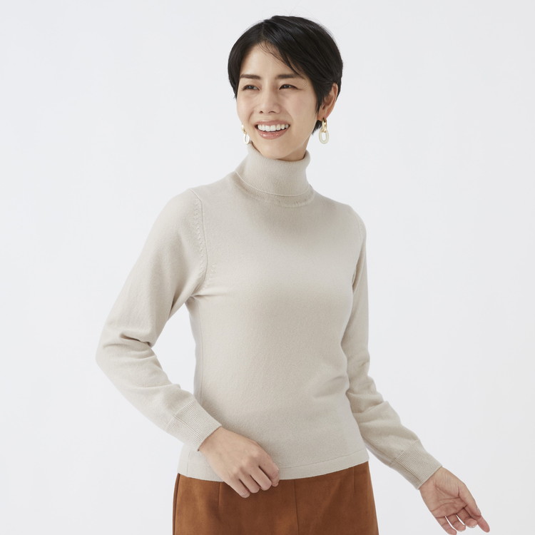 日本製 カシミヤ100% レディース タートルネック ライトベージュ 2Lサイズ