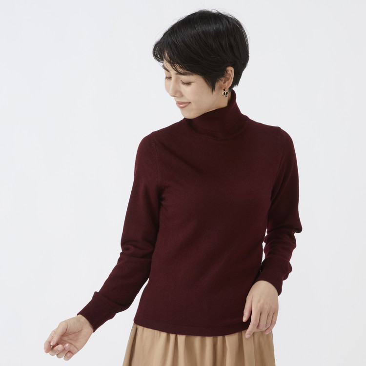 日本製 カシミヤ100% レディース タートルネック ワイン S～Lサイズ