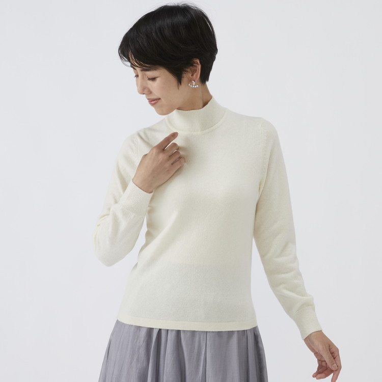 日本製 カシミヤ100% レディース ハイネックセーター オフホワイト S～Lサイズ