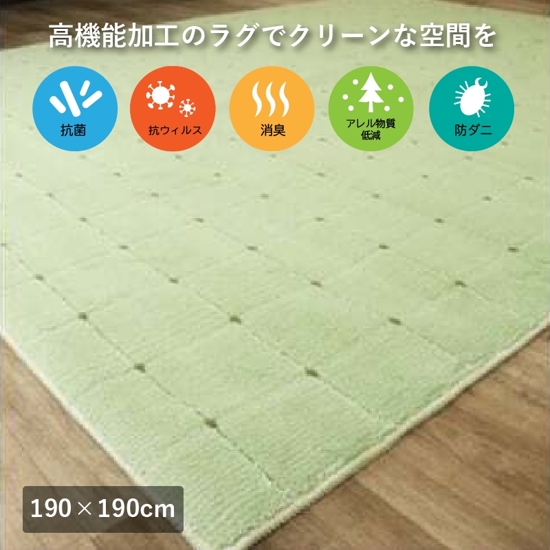 抗ウィルス、抗アレル物質、抗菌、消臭、防ダニ【PT-5】カーペット 190×190 グリーン [0918]