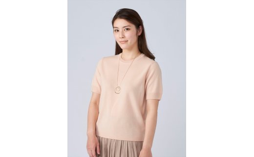 日本製 カシミヤ100% レディース クルーネック半袖 サーモンピンク Mサイズ [1730]