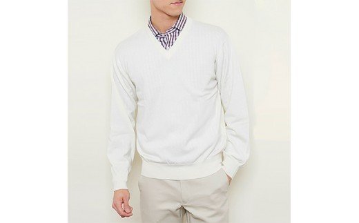 日本製 カシミヤ100% Vセーター 白 Lサイズ [2510]