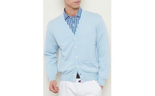 日本製 カシミヤ100% カーディガン サックス Lサイズ [2522]