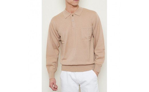 日本製 カシミヤ100% ポロセーター ベージュ Lサイズ [2538]