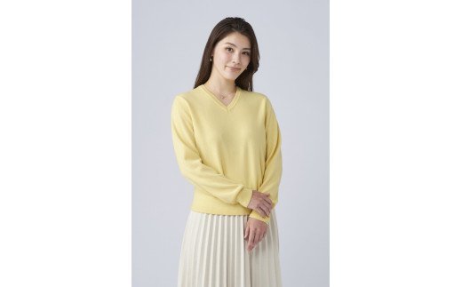 日本製 カシミヤ100% レディース Vネック イエロー Mサイズ [2562]