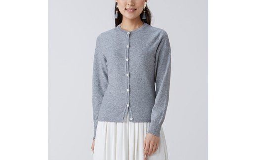 日本製 カシミヤ100% レディース クルーカーディガン ライトグレー Lサイズ [2567]