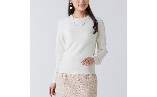 日本製 カシミヤ100% レディース クルーネック 白 Lサイズ [2575]