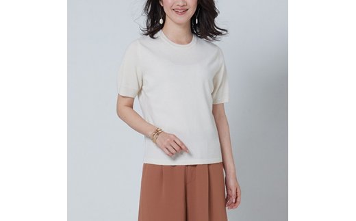 日本製 カシミヤ100% レディース クルーネック半袖 白 Mサイズ [2582]