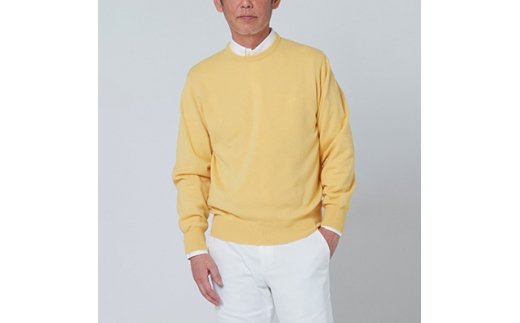 日本製 カシミヤ100% クルーネック 黄色 Lサイズ [2615]