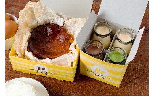 シェフのおすすめセット (バスクチーズケーキ1ホール4号サイズ、菓なでぷりんプレーン2本、ショコラ1本、抹茶1本) [3212]