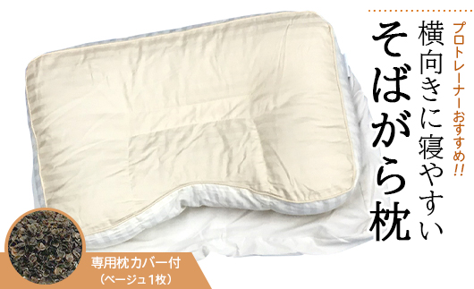 プロトレーナーが薦める 横向きに寝やすいそばがら枕 専用ベージュ枕カバー付き [0257]