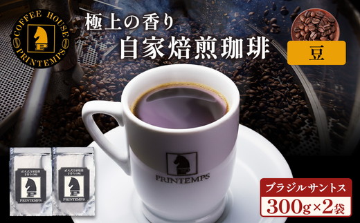 《プランタン珈琲商会 自家焙煎レギュラーコーヒー》 ブラジルサントス 300g×2袋入り(豆のまま) 当社で焙煎仕立てのコーヒー豆をお届け！ [1640]