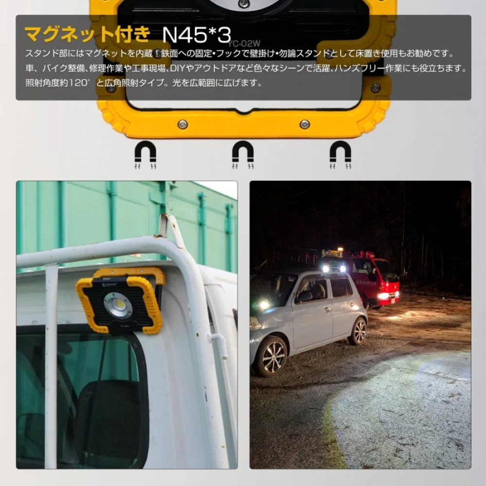 充電式LED 20W 耐衝撃 USB出力 120° ミニタブレットサイズ マグネット内蔵 YC-02W