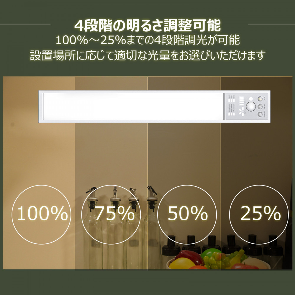 充電式インテリアライト バーライト スティック マグネット付 ステンレスシール付属 人感センサー機能あり 電球色 昼白色 Type-C充電 HM-84T