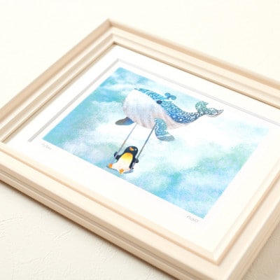 イラスト作家「菜生」アートフレーム〈くじらのブランコ気球〉ペンギン