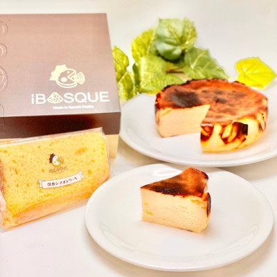 茨木市発!なめらかバスクチーズケーキ(4号サイズ)とシフォンケーキ(プレーン味・紅茶味)のセット【配送不可地域：離島】