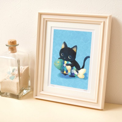 イラスト作家「菜生」アートフレーム〈おさかなカジカジ〉猫