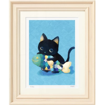 イラスト作家「菜生」アートフレーム〈おさかなカジカジ〉猫