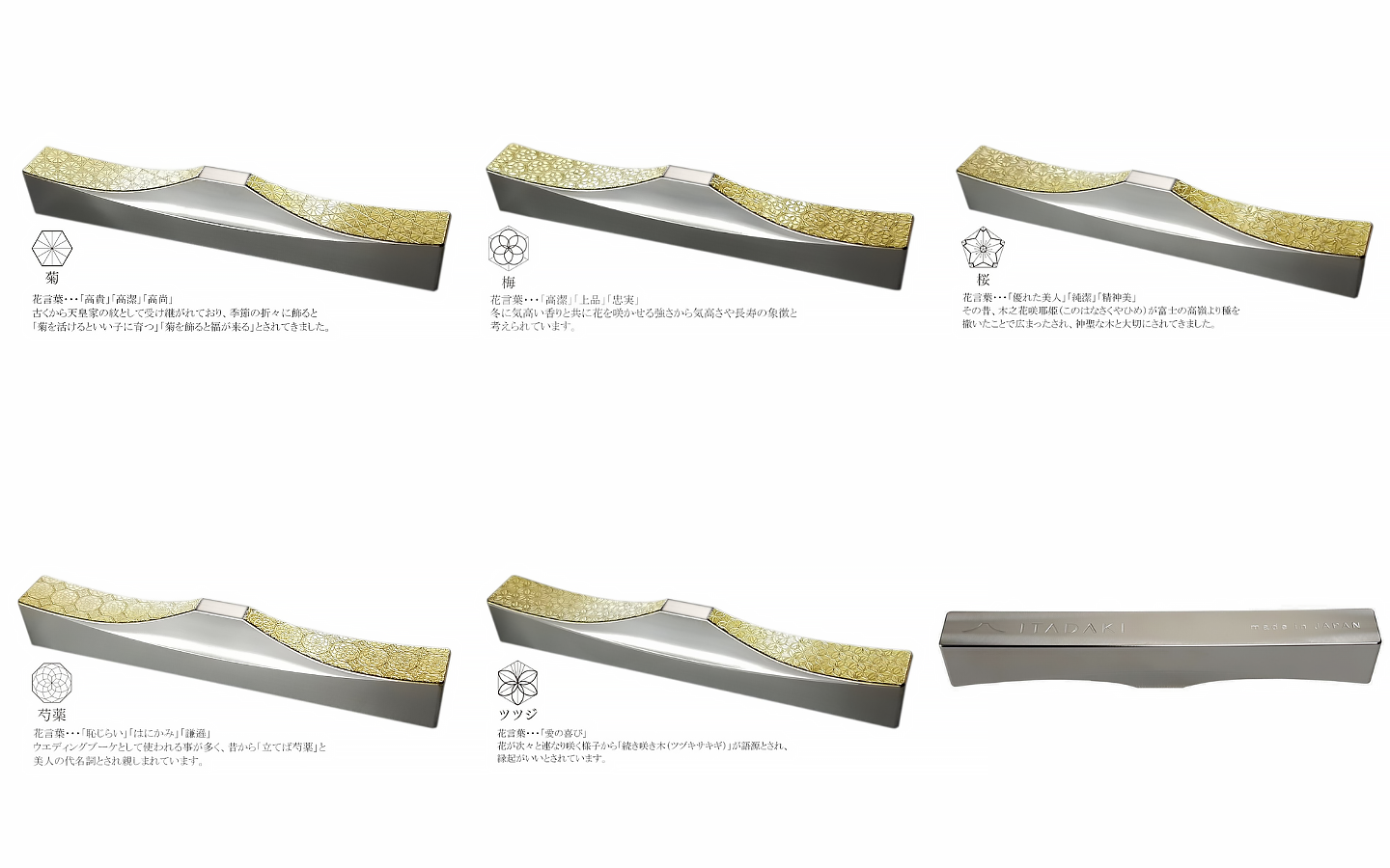 J158 ＩＴＡＤＡＫＩ カトラリーレスト 箸置き ５個セット/ステンレス(花文様・金箔)