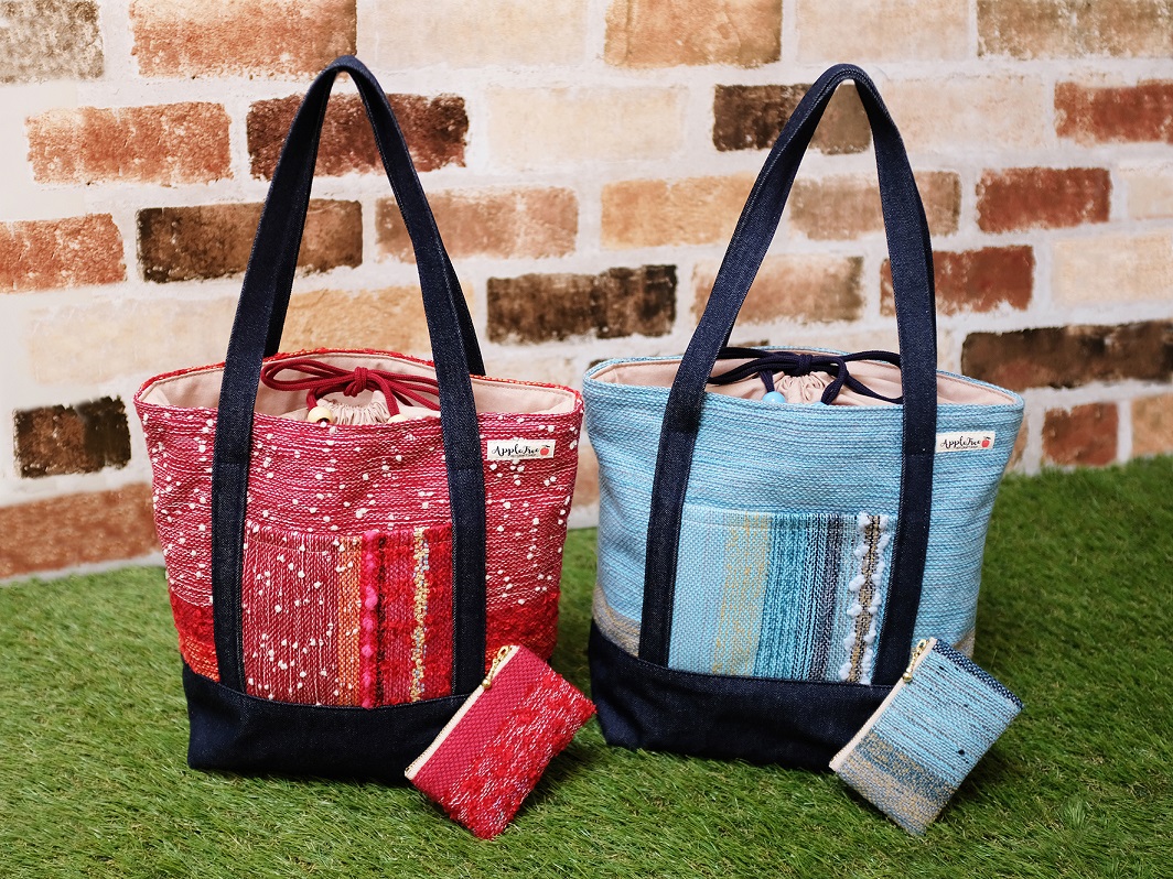 B219(青系)　りんごの木　さをり織りバケット・ミニポーチセット【青系】