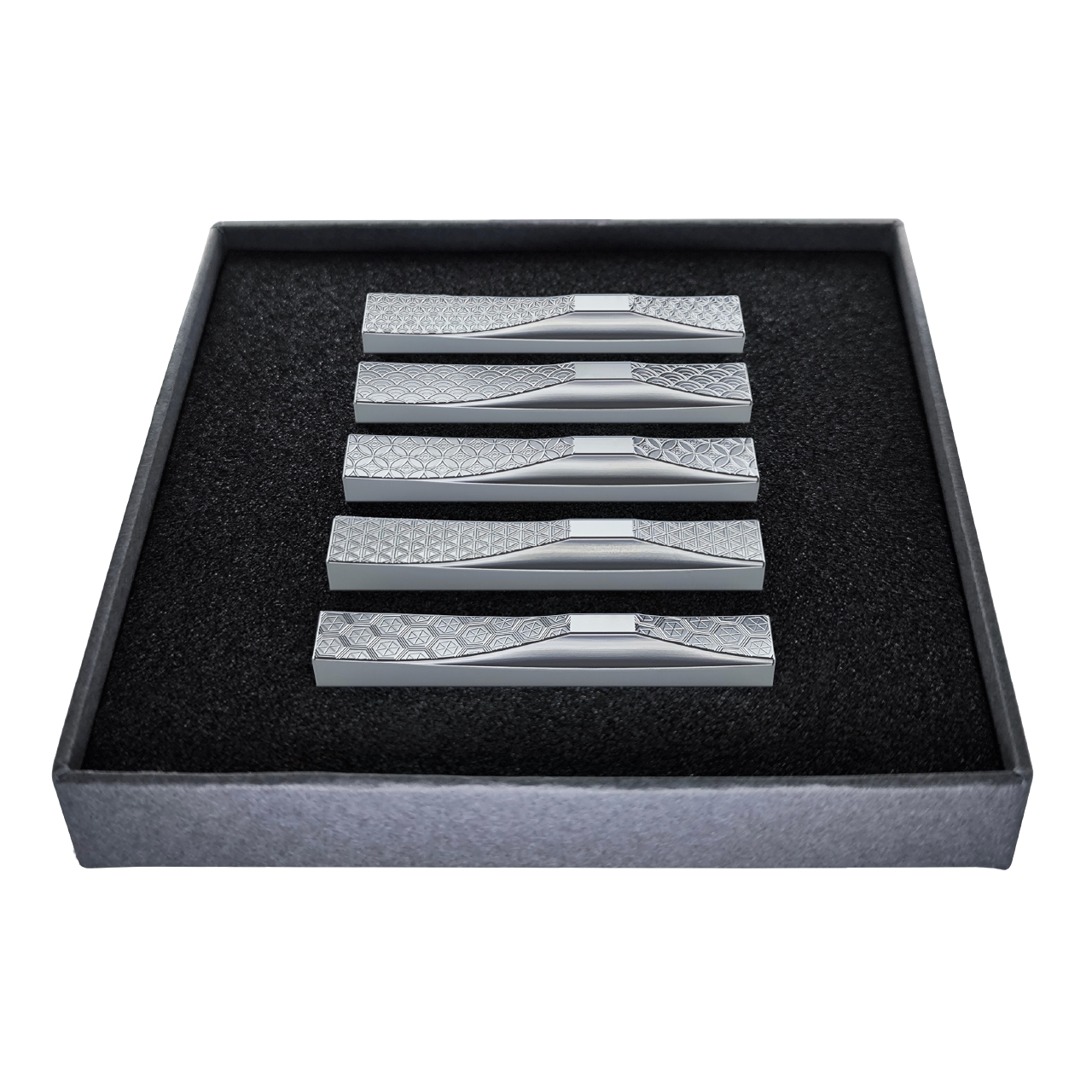 S108 ＩＴＡＤＡＫＩ 箸置き ５個セット/ステンレス 吉祥文様（麻の葉・青海波・七宝・胡麻・亀甲）