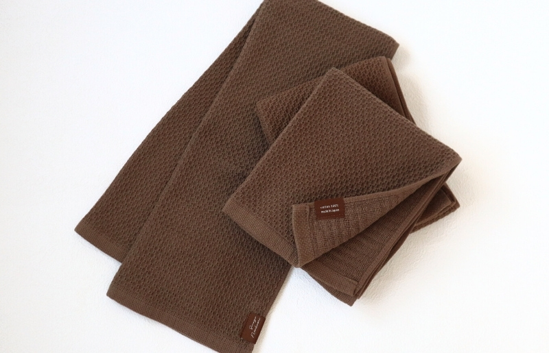 【ソフトハニカム】泉州南部織 フェイスタオル3枚セット（ブラウン）+ソフトハニカム織ハーフハンカチ1枚 G1906
