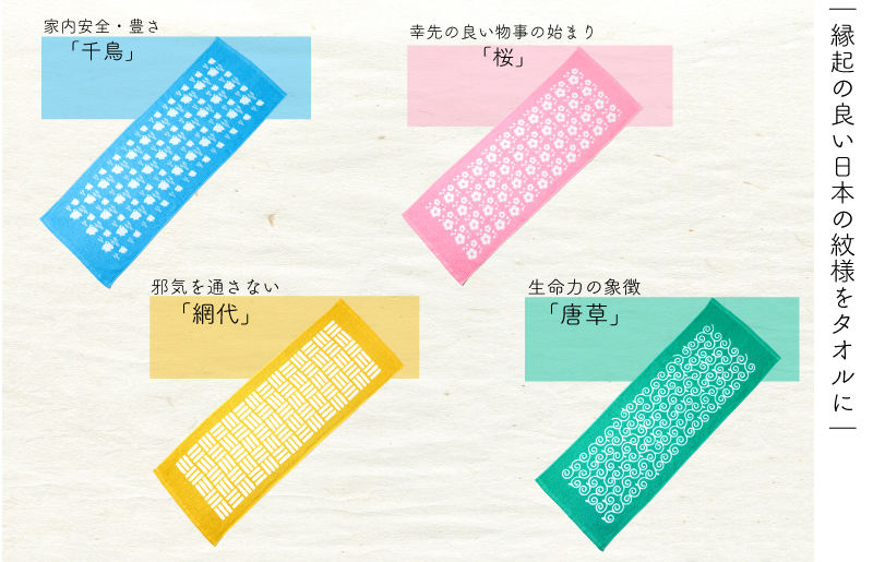日本の伝統柄 フェイスタオル 4枚セット 泉州タオル 010B1376
