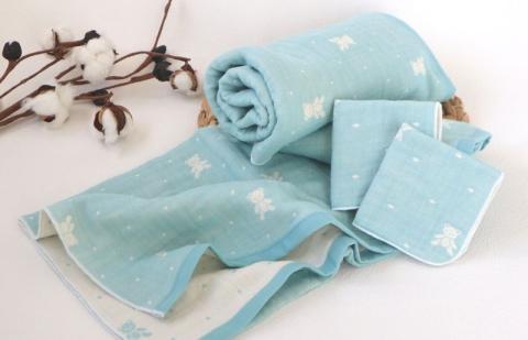 【babybear】多重ガーゼ  miniバスタオルタオル＆ハンカチ 4枚セット（ブルー） G1954