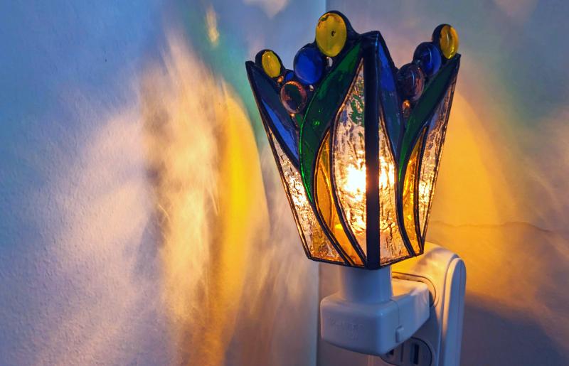 ステンドグラス・ランプ「おやすみライト（ブルーフラワー）」 099H2916