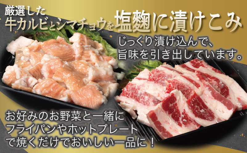 牛カルビ＆シマチョウ 塩麹漬け 焼肉セット 合計3kg【味付け 小分け 焼くだけ 簡単調理 BBQ 250g×12袋 牛肉 ホルモン 普段使い】 099H3397