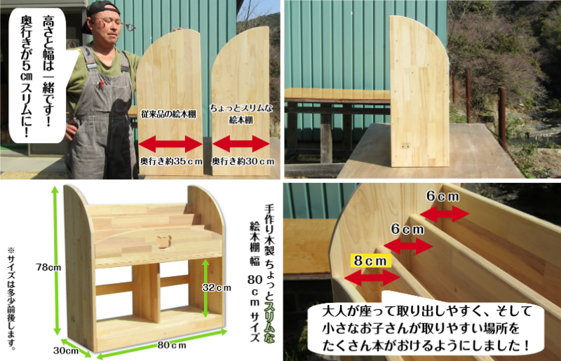 手作り木製 ちょっとスリムな絵本棚 幅80cm 099H3548