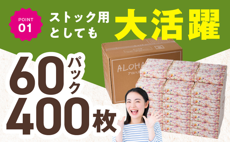 ALOHAS ソフトパックティッシュ 60パック×400枚(200組)【ピュアパルプ100% 生活用品 雑貨 日用品 必需品 常備品 まとめ買い 備蓄 防災 ティッシュペーパー】 010B1754