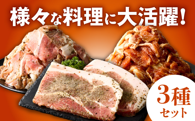 栗豚 3種セット 合計 1.8kg（ステーキ/切り落とし/生姜焼き用）【オリジナルスパイス仕込み 豚肉 小分け 盛り合わせ 食べ比べ 焼くだけ 普段使い】 099H3119