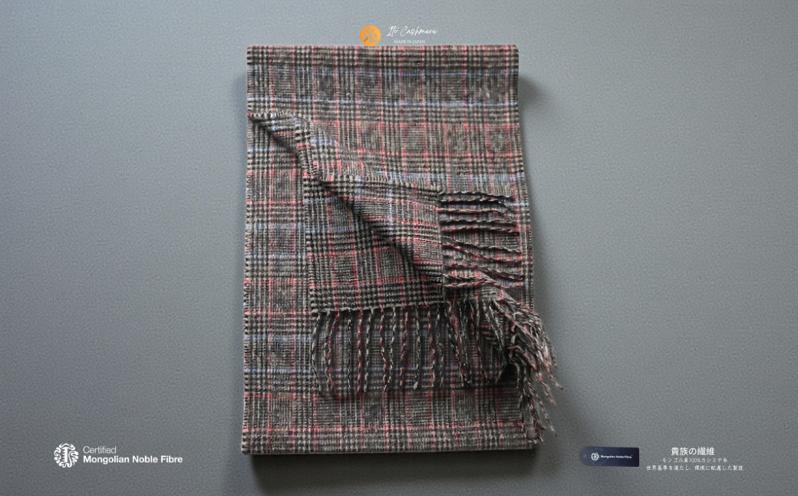 『Noble Fibre』100％カシミヤ・マフラー グレーン＆チェック フリンジ付き【高級 カシミア おしゃれ ファッション 防寒 かしみあ】 G3563