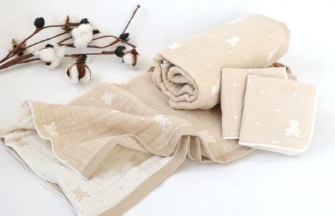 【babybear】多重ガーゼ  miniバスタオル＆ハンカチ 4枚セット（ベージュ） G1955