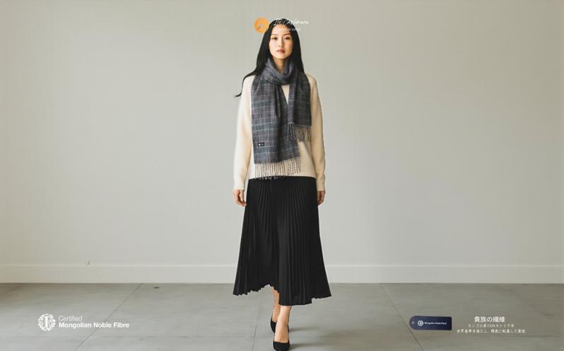 『Noble Fibre』100％カシミヤ・マフラー グレーン＆チェック フリンジ付き【高級 カシミア おしゃれ ファッション 防寒 かしみあ】 G3563