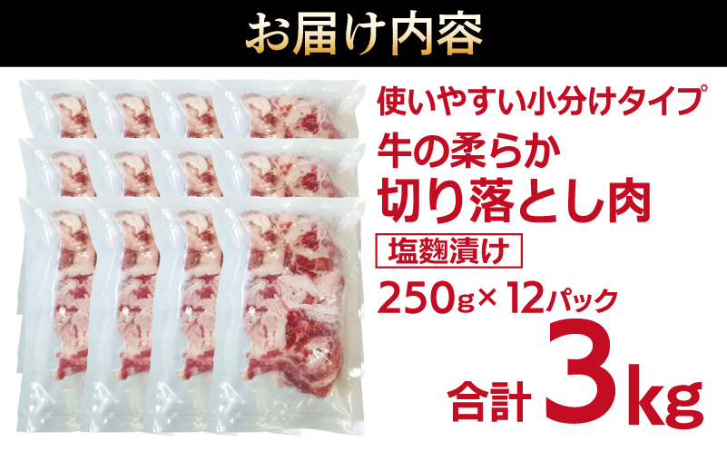牛肉 切り落とし 塩麹漬け 合計3kg【味付け 小分け 焼くだけ 簡単調理 BBQ 牛肉 250g×12袋 普段使い】 099H3388