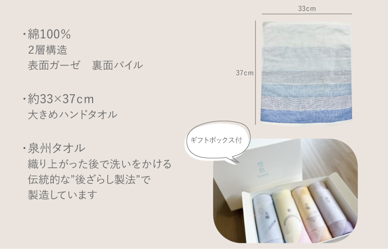 【スピード発送】空色タオル 4枚セット (天晴1枚／虹1枚／夕陽1枚／夜空1枚)【ハンドタオル 泉州タオル 日本製 ギフト 贈り物】 G3174