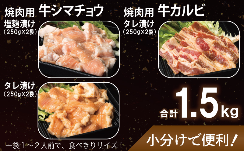 【ANA限定】 牛シマチョウ（タレ漬け+塩麹）＆タレ漬け牛カルビの焼肉セット  合計1.5Kg（1袋250ｇ×各2袋） 【味付け 小分け 焼くだけ 簡単調理 BBQ 牛肉 ホルモン 250g×6袋】 G3352