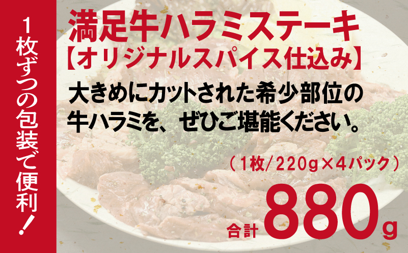 【満足牛ハラミステーキ】オリジナルスパイス仕込み 1枚220g×4P 合計880g 【味付け ハラミ ステーキ 小分け 焼くだけ 簡単調理 BBQ 牛肉】 G3355