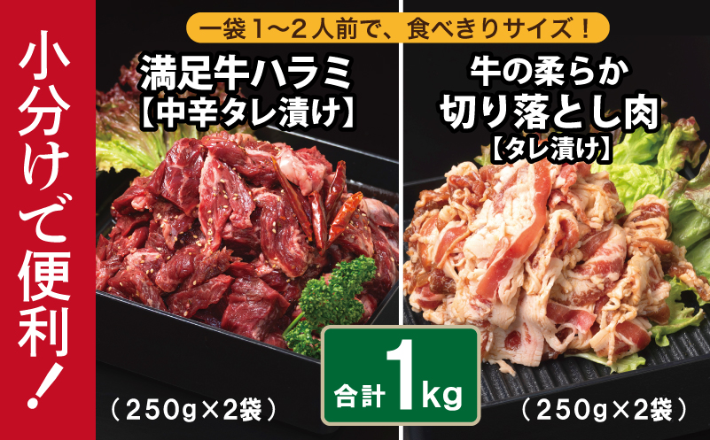 【タレ漬け牛肉2種セット】 満足牛ハラミ・牛肉切り落とし 合計1kg 【味付け ハラミ 小分け 焼くだけ 簡単調理 BBQ 牛肉 250g×各2P 普段使い】 099H4185