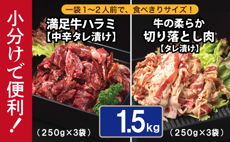 【タレ漬け牛肉2種セット】 満足牛ハラミ・牛肉切り落とし 合計1.5kg【味付け ハラミ 小分け 焼くだけ 簡単調理 BBQ 牛肉 250g×各3P 普段使い】 015B599