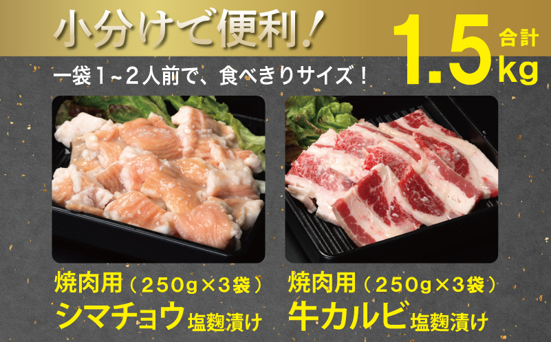 牛カルビ＆シマチョウ 塩麹漬け 焼肉セット 合計1.5kg【味付け 小分け 焼くだけ 簡単調理 BBQ 250g×6袋 牛肉 ホルモン 普段使い】 099H3398