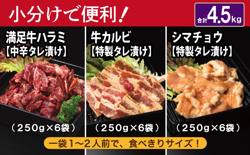 【タレ漬け3種の牛焼肉セット】 満足牛ハラミ・牛カルビ・シマチョウ 合計4.5kg【味付け ハラミ 小分け 焼くだけ 簡単調理 BBQ 牛肉 250g×各6P 普段使い】 099H4204