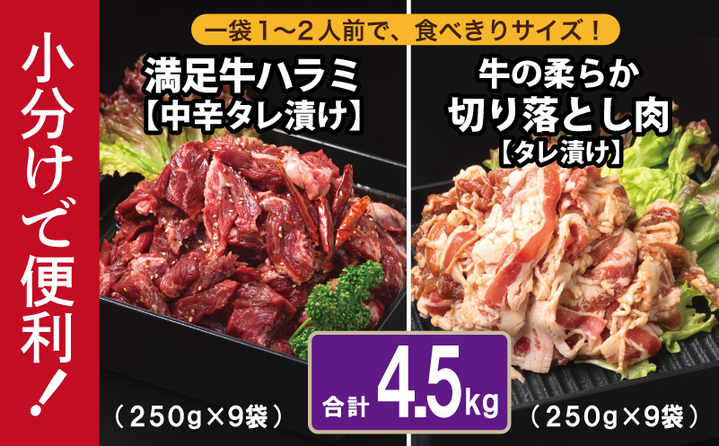 【タレ漬け牛肉2種セット】 満足牛ハラミ・牛肉切り落とし 合計4.5kg 【味付け ハラミ 小分け 焼くだけ 簡単調理 BBQ 牛肉 250g×各9P 普段使い】 099H4205