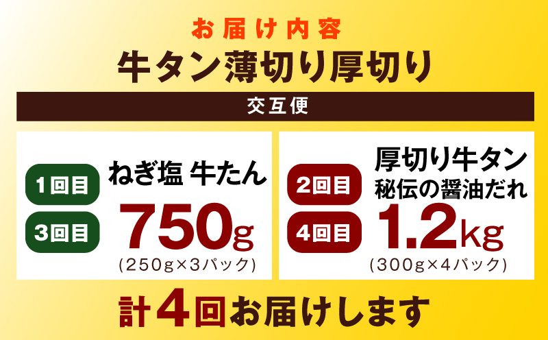 【定期便】牛タン薄切り厚切り交互便 全4回【牛タン 牛肉 焼肉用 薄切り 厚切り 焼肉 BBQ 訳あり サイズ不揃い 毎月配送コース】 099Z475