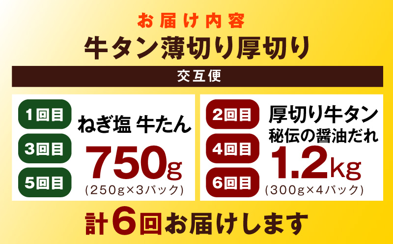 【定期便】牛タン薄切り厚切り交互便 全6回【牛タン 牛肉 焼肉用 薄切り 厚切り 焼肉 BBQ 訳あり サイズ不揃い 毎月配送コース】 099Z476