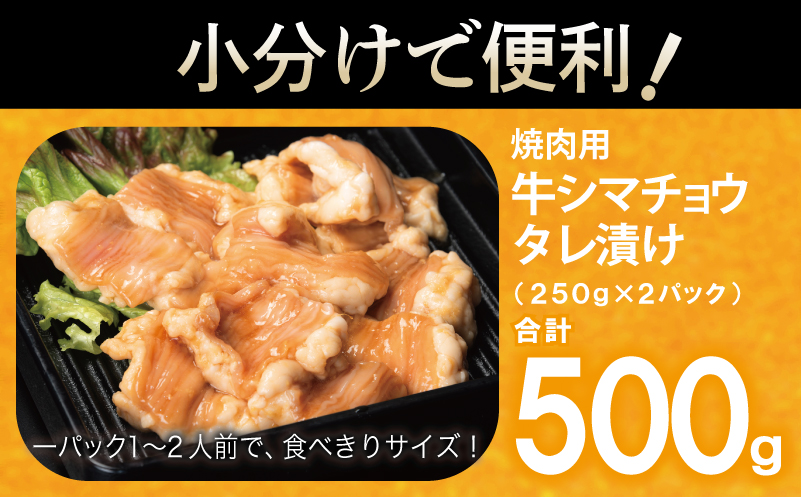 牛シマチョウ 焼肉用 タレ漬け 500g【味付け 小分け 250g×2P 焼くだけ 簡単調理 BBQ 牛肉 ホルモン お試し】 G3449