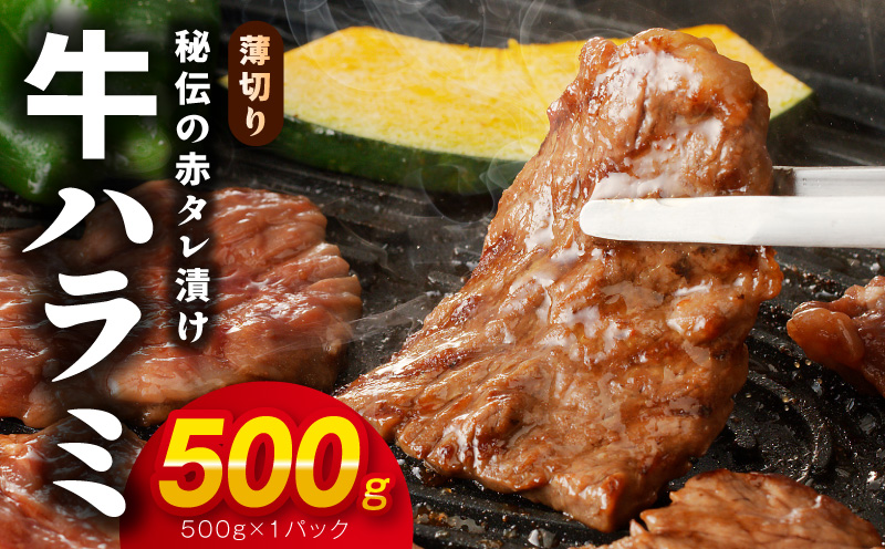 【お試し】牛ハラミ肉 500g 薄切り スライス 小分け 訳あり サイズ不揃い 秘伝の赤タレ漬け 焼肉 牛肉 005A760